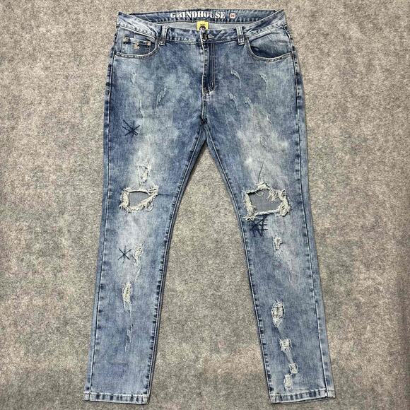 Grindhouse Denim Men's Distressed Skinny Jeans Size 36x32 Blue Light Wash Denim - Picture 1 of 14